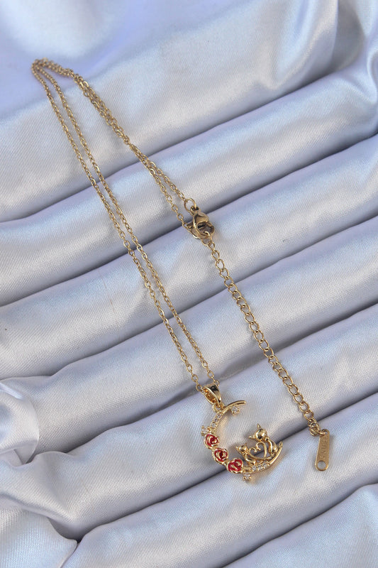 316L Steel Chain Gold Color Red Rose Detail Cat Figure Zircon Stone Moon Necklace