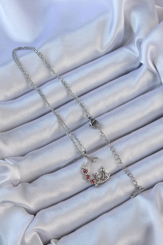316L Steel Chain Silver Color Red Rose Detail Cat Figure Zircon Stone Moon Necklace