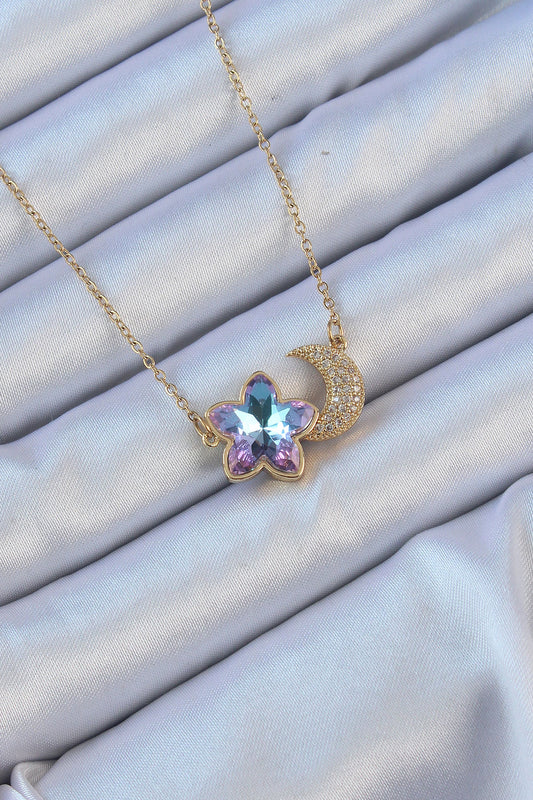 316L Steel Chain Gold Color Moon Design Colorful Zircon Stone Flower Necklace