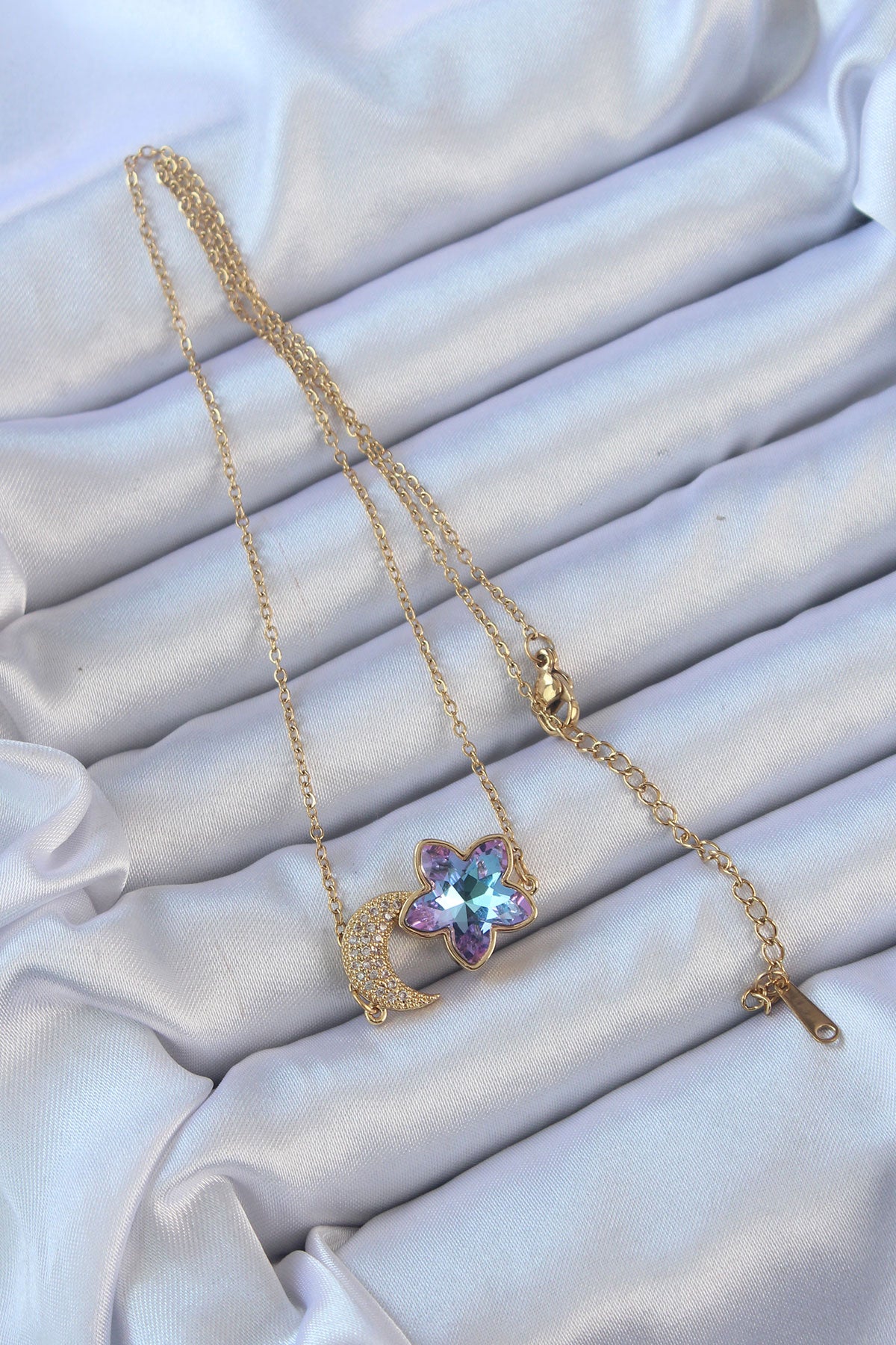 316L Steel Chain Gold Color Moon Design Colorful Zircon Stone Flower Necklace