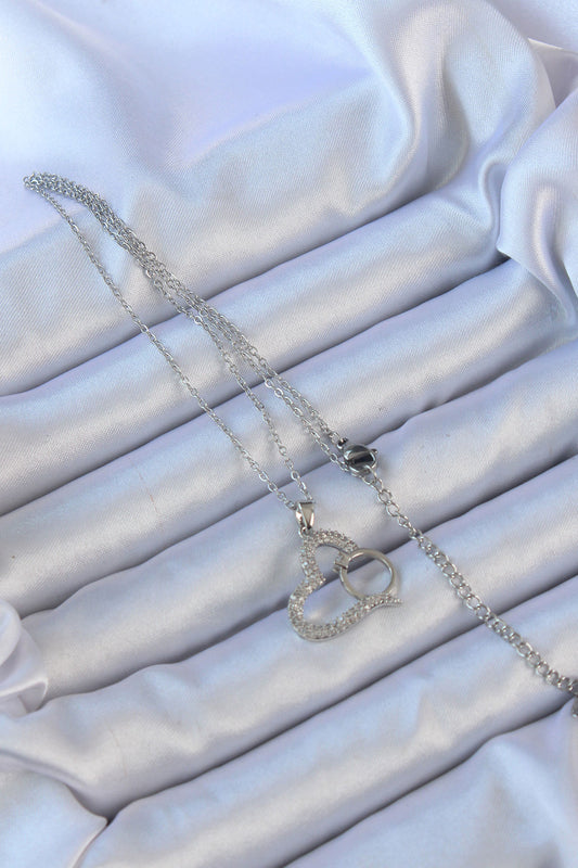 316L Steel Chain Silver Color Zircon Stone Ring Heart Necklace