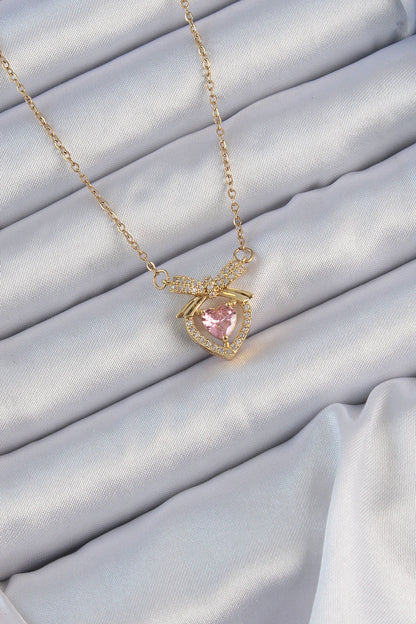 316L Steel Chain Gold Color Pink Zircon Stone Bow Heart Necklace