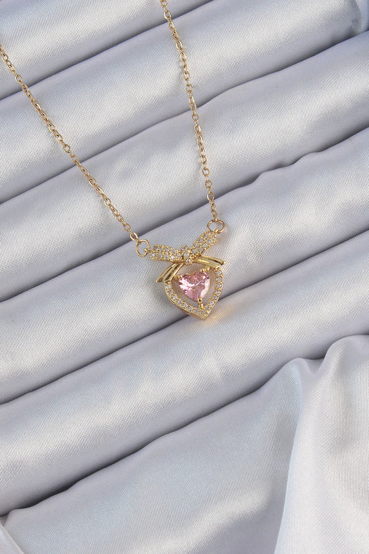 316L Steel Chain Gold Color Pink Zircon Stone Bow Heart Necklace