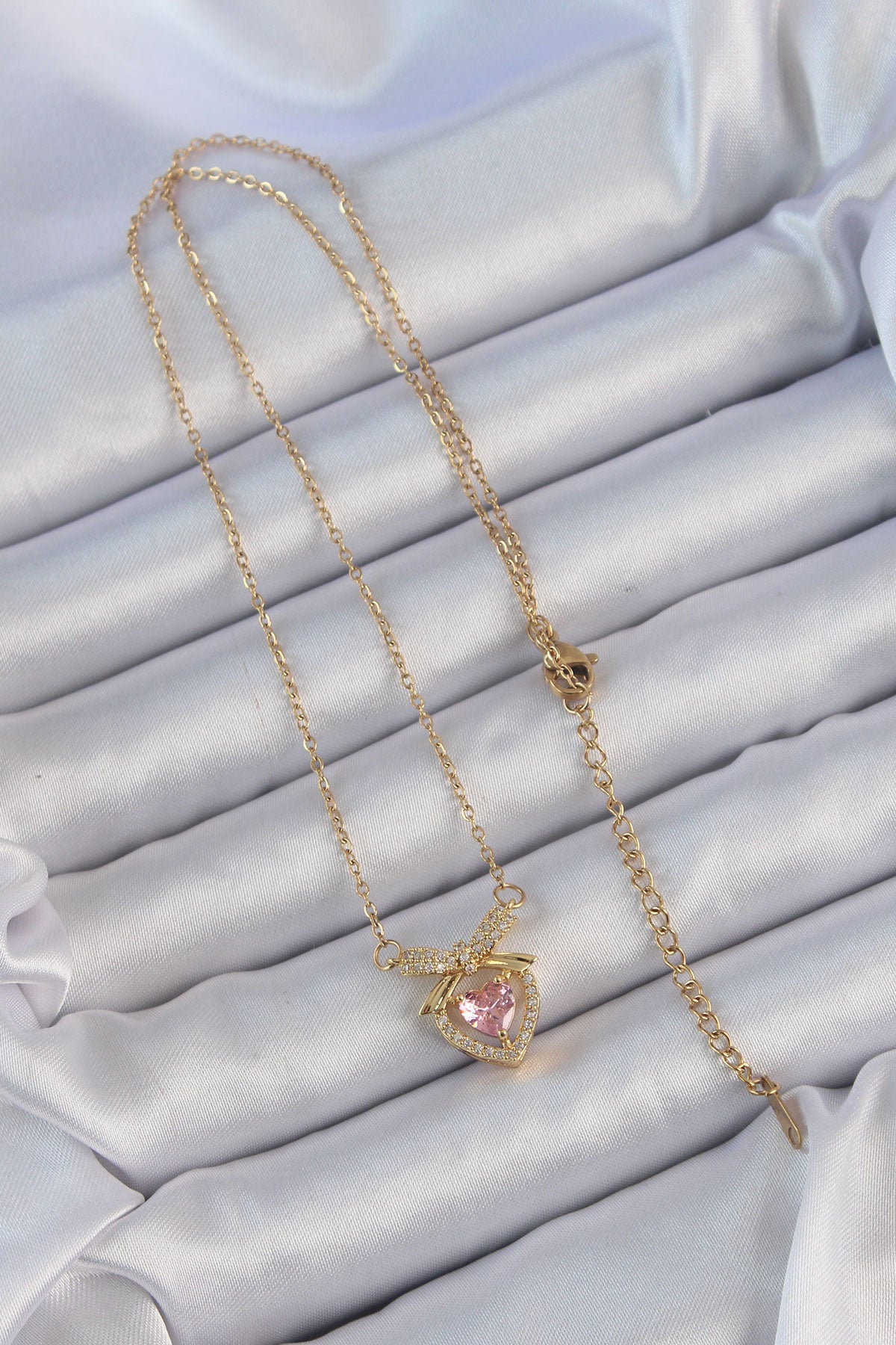 316L Steel Chain Gold Color Pink Zircon Stone Bow Heart Necklace