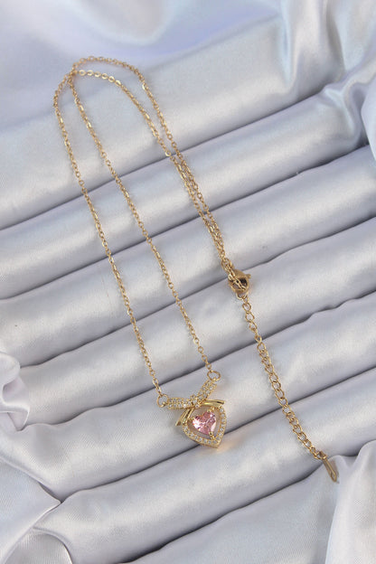316L Steel Chain Gold Color Pink Zircon Stone Bow Heart Necklace
