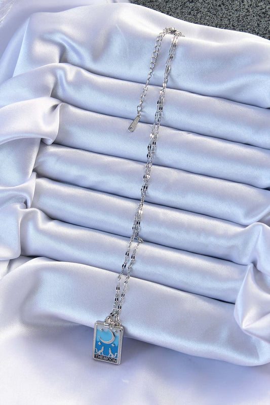 316L Steel Chain Silver Color Blue Enamel Moon Figure Tarot Necklace