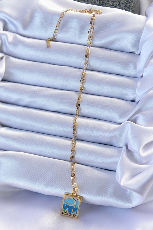 316L Steel Chain Gold Color Blue Enamel Moon Figure Tarot Necklace