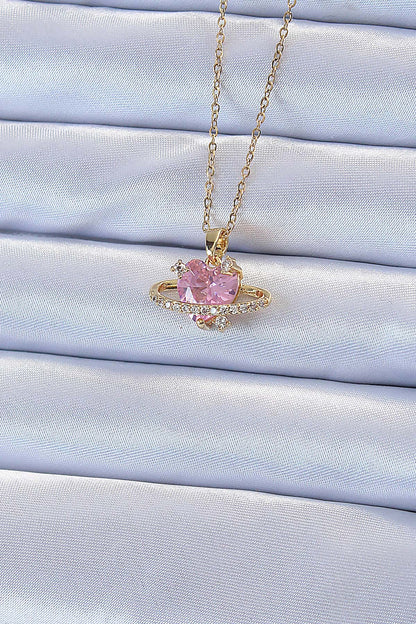 316L Steel Chain Gold Color Pink Zircon Stone Saturn-Looking Heart Necklace