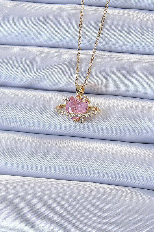 316L Steel Chain Gold Color Pink Zircon Stone Saturn-Looking Heart Necklace