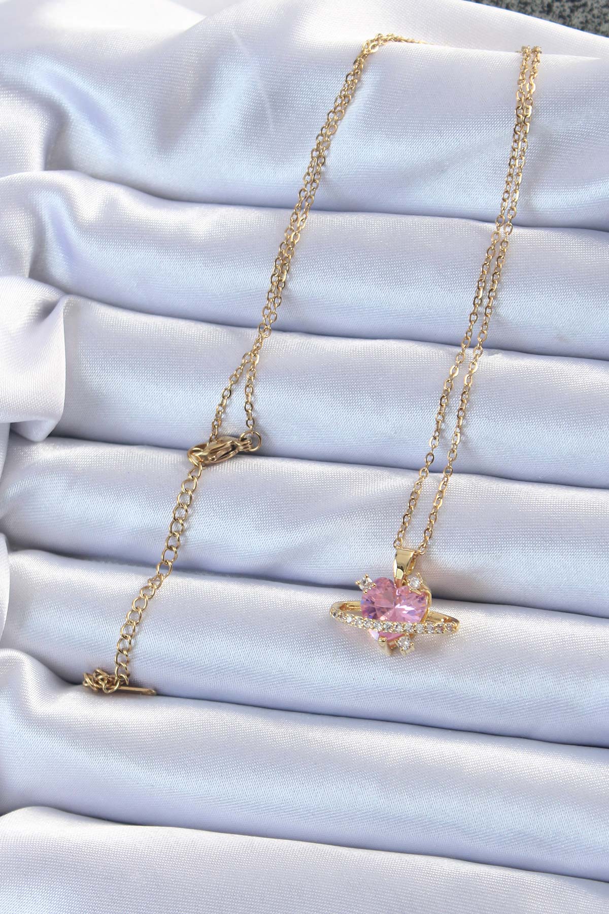 316L Steel Chain Gold Color Pink Zircon Stone Saturn-Looking Heart Necklace