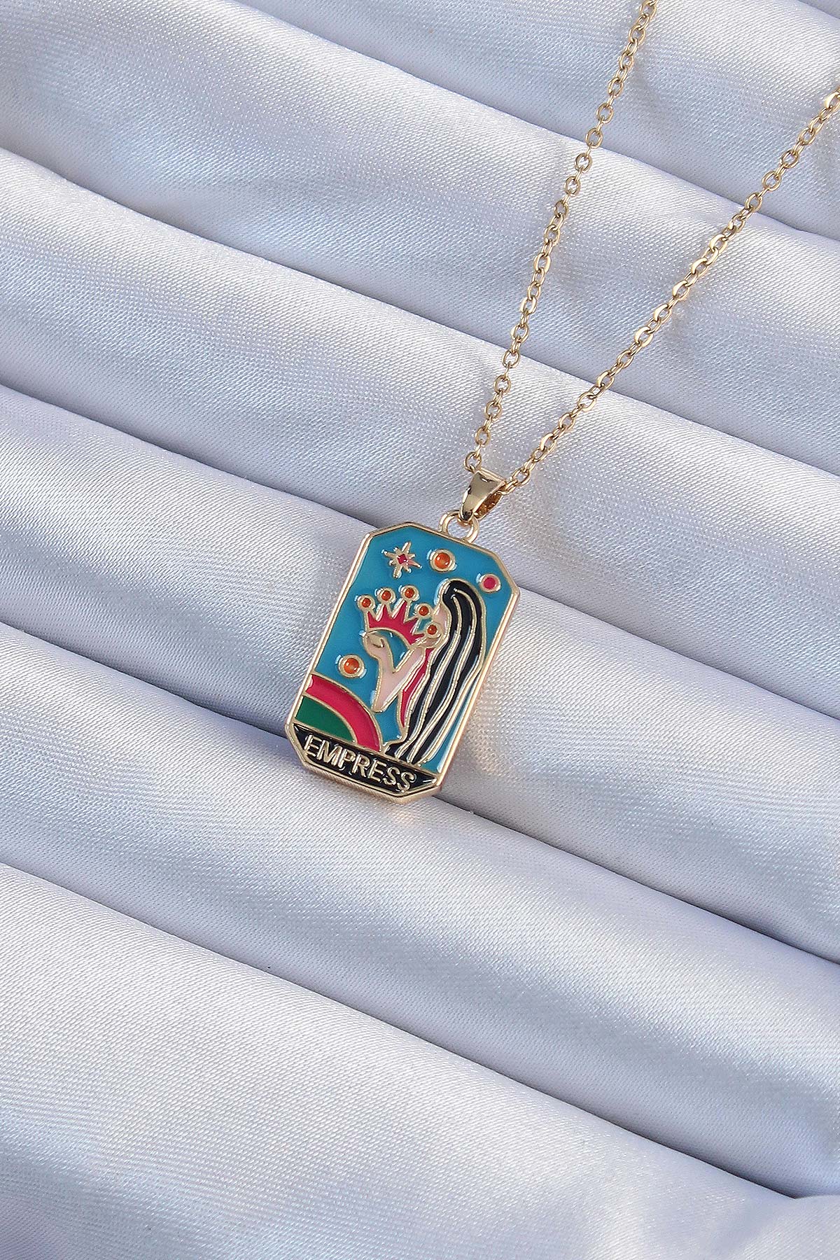 316L Steel Chain Gold Color Crown and Girl Figured Colorful Enamel Tarot Necklace