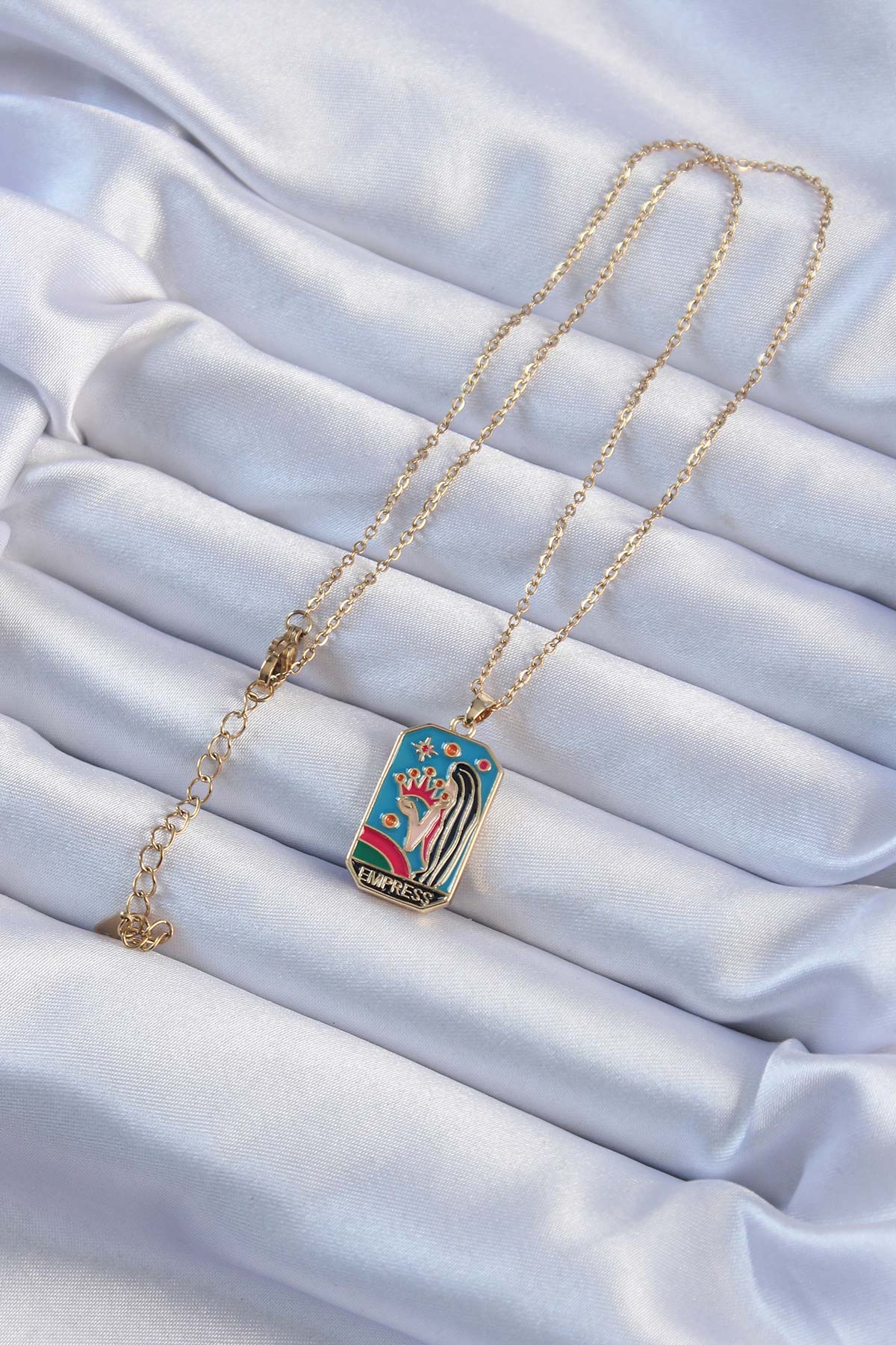 316L Steel Chain Gold Color Crown and Girl Figured Colorful Enamel Tarot Necklace