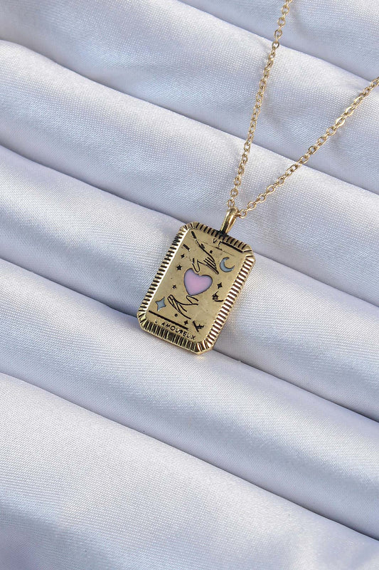 316L Steel Chain Antique Gold Color Pink Enamel Heart Figured Tarot Necklace