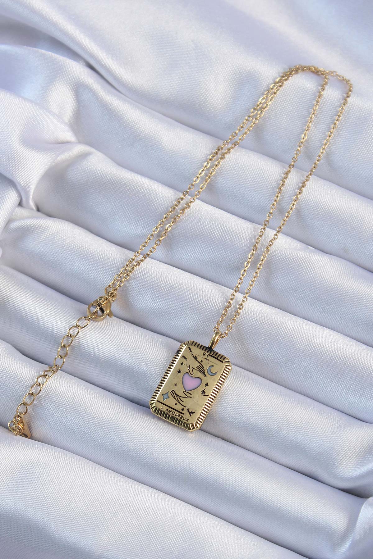 316L Steel Chain Antique Gold Color Pink Enamel Heart Figured Tarot Necklace