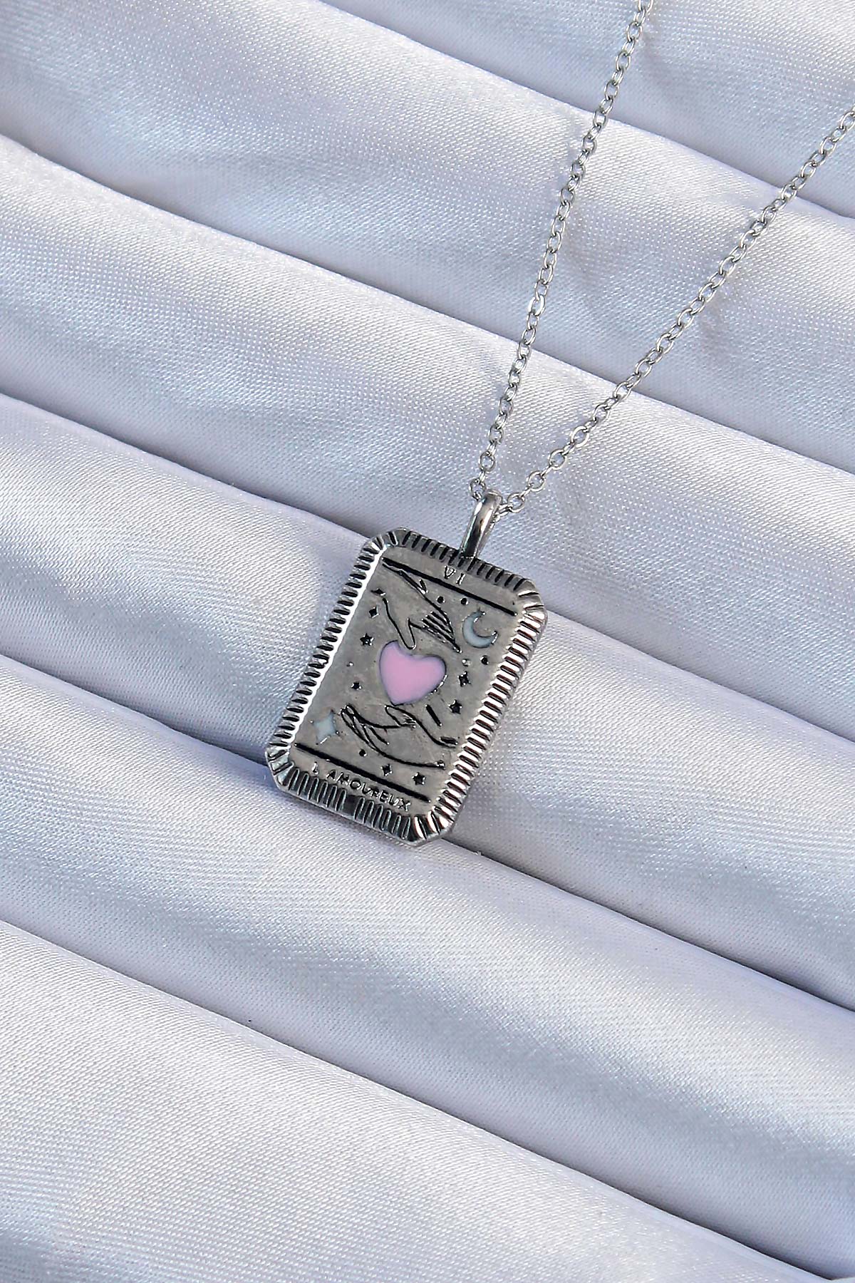 316L Steel Chain Antique Silver Color Pink Enamel Heart Figured Tarot Necklace