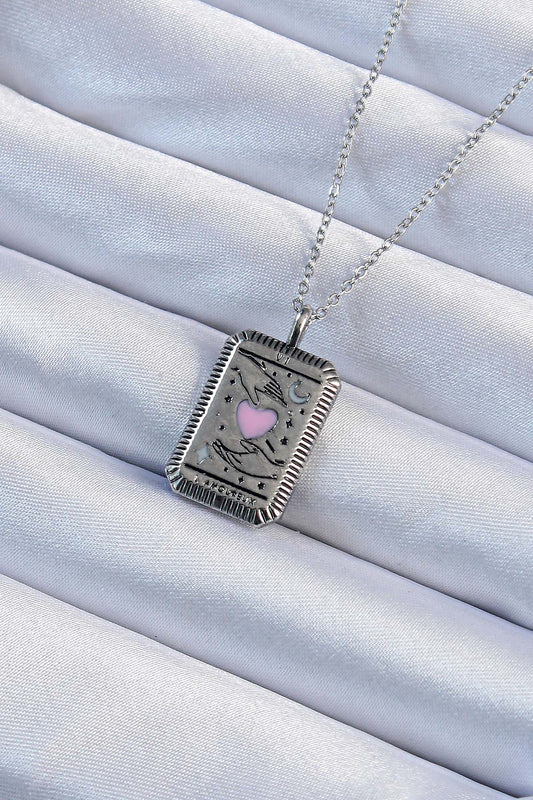 316L Steel Chain Antique Silver Color Pink Enamel Heart Figured Tarot Necklace