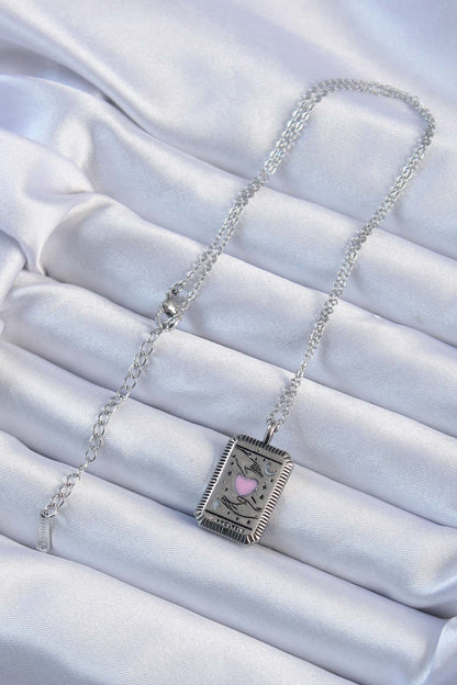 316L Steel Chain Antique Silver Color Pink Enamel Heart Figured Tarot Necklace
