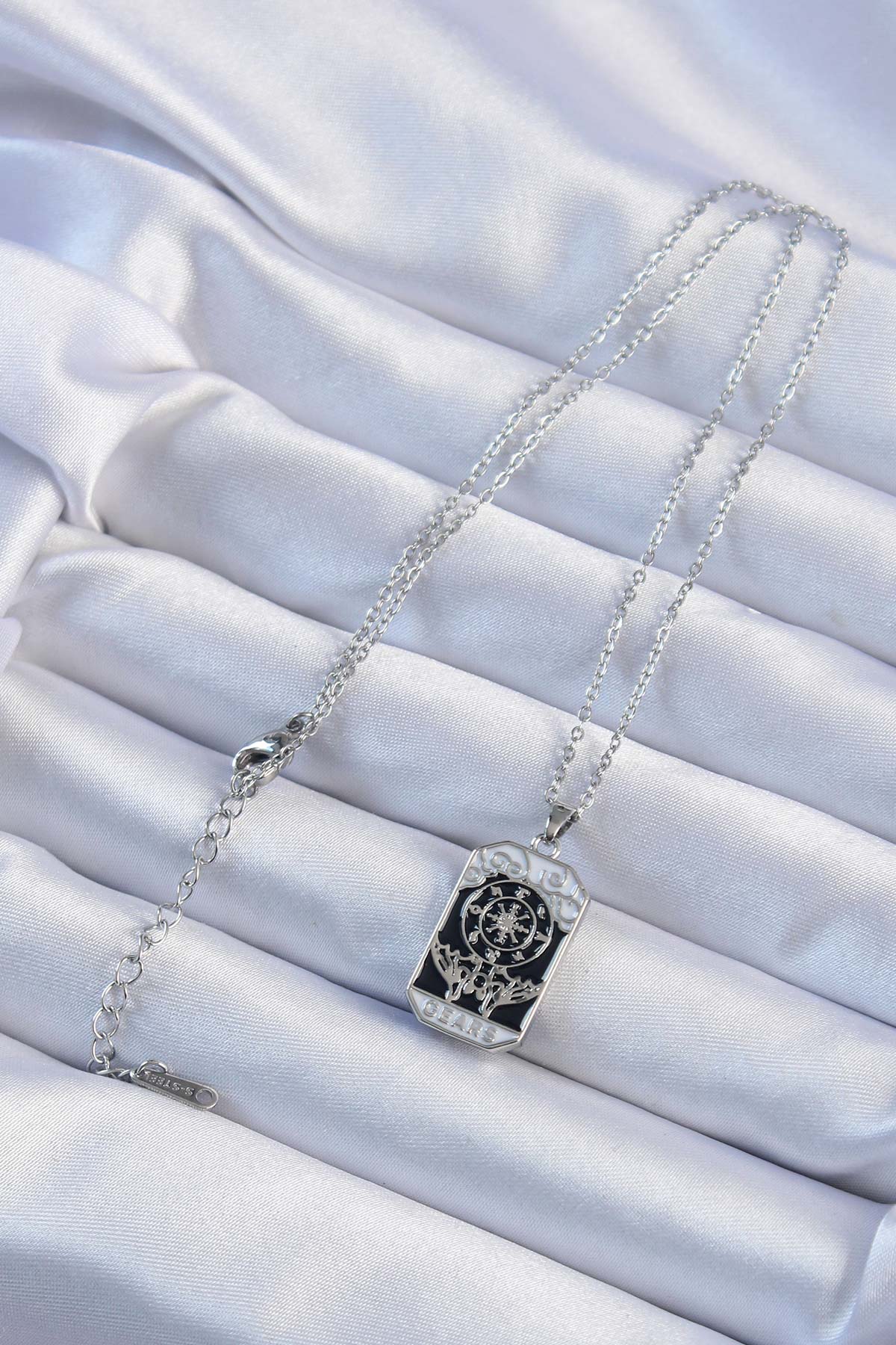 316L Steel Chain Silver Color Embroidered Black Enamel Tarot Necklace