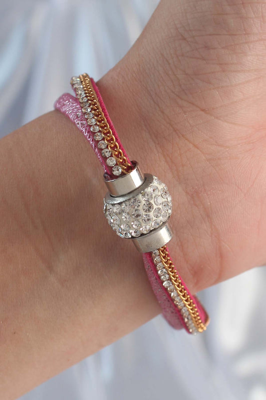 Pink Color Zircon Stone Tassel Detail Leather Multi Bracelet