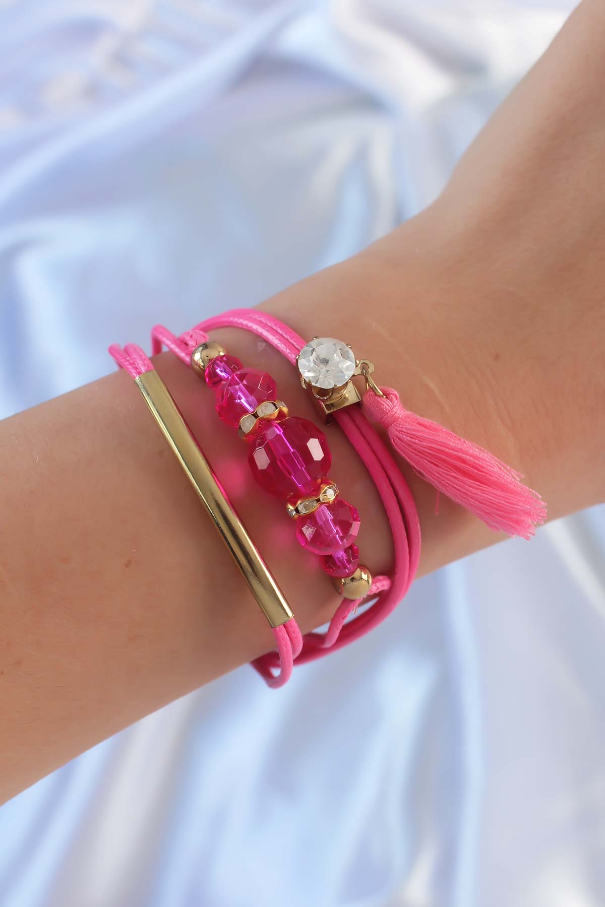 Pink Zircon Stone Rope Tassel Detail Multi Bracelet