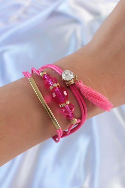 Pink Zircon Stone Rope Tassel Detail Multi Bracelet