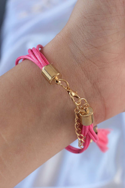 Pink Zircon Stone Rope Tassel Detail Multi Bracelet