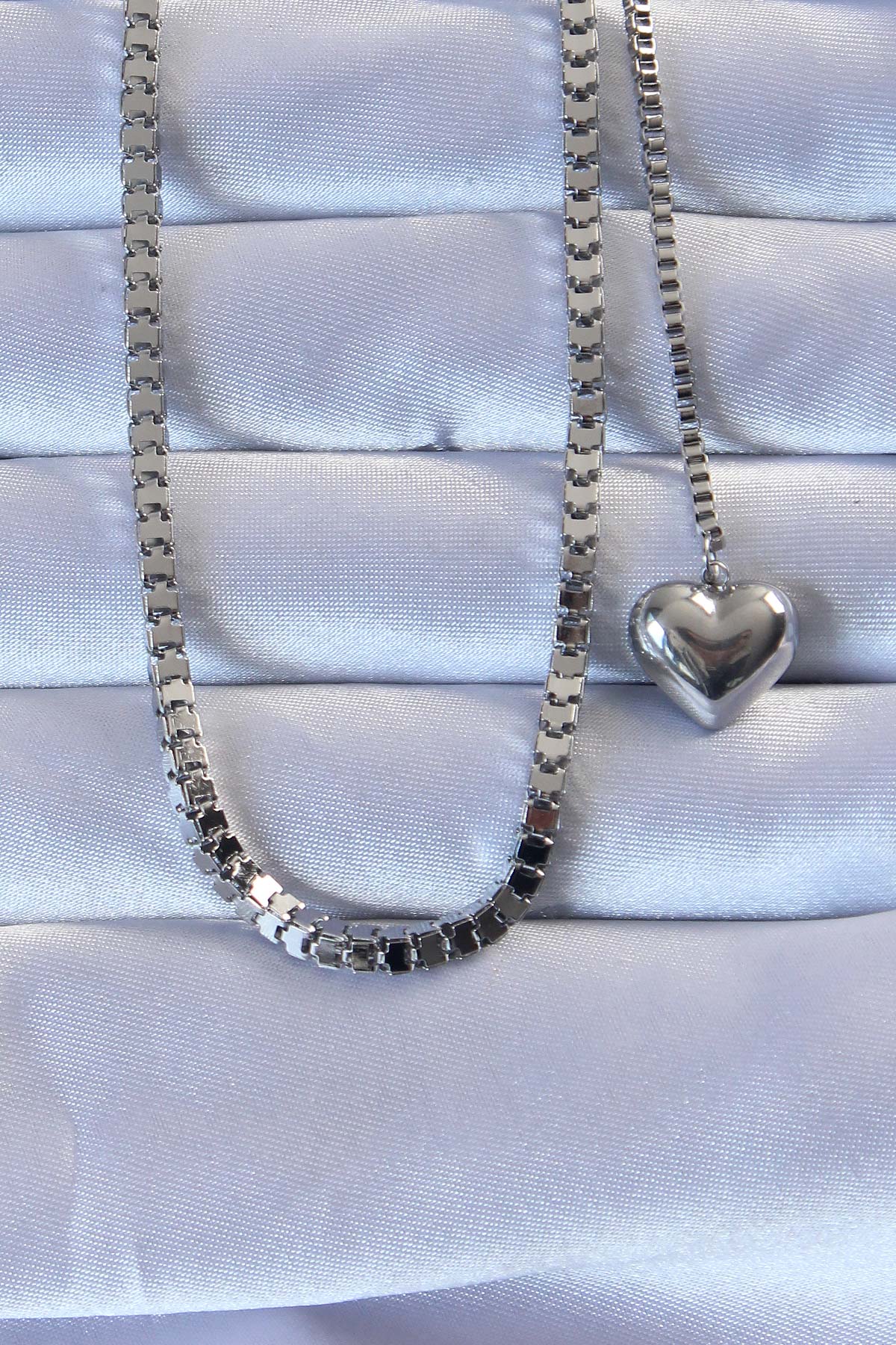 316L Steel Silver Color Cube Chain Heart Necklace