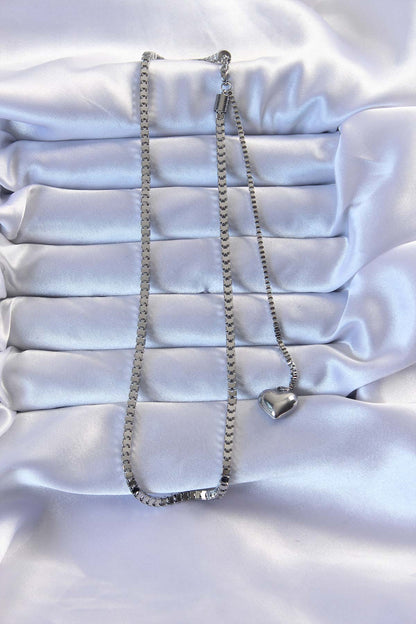 316L Steel Silver Color Cube Chain Heart Necklace