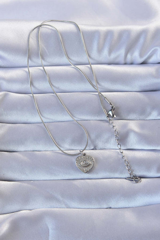 316L Silver Color Zircon Stone Embroidered Eye Detail Heart Necklace