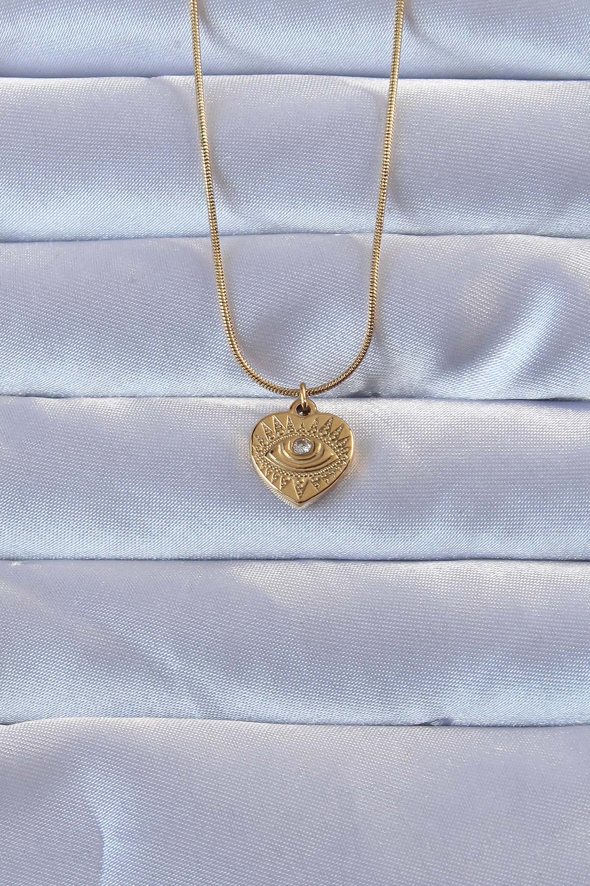 316L Gold Color Zircon Stone Embroidered Eye Detail Heart Necklace