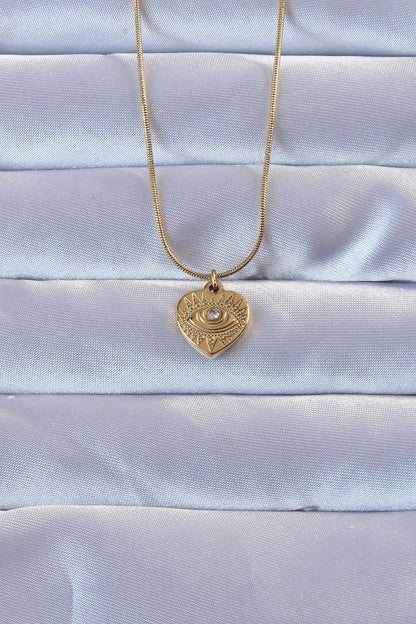 316L Gold Color Zircon Stone Embroidered Eye Detail Heart Necklace