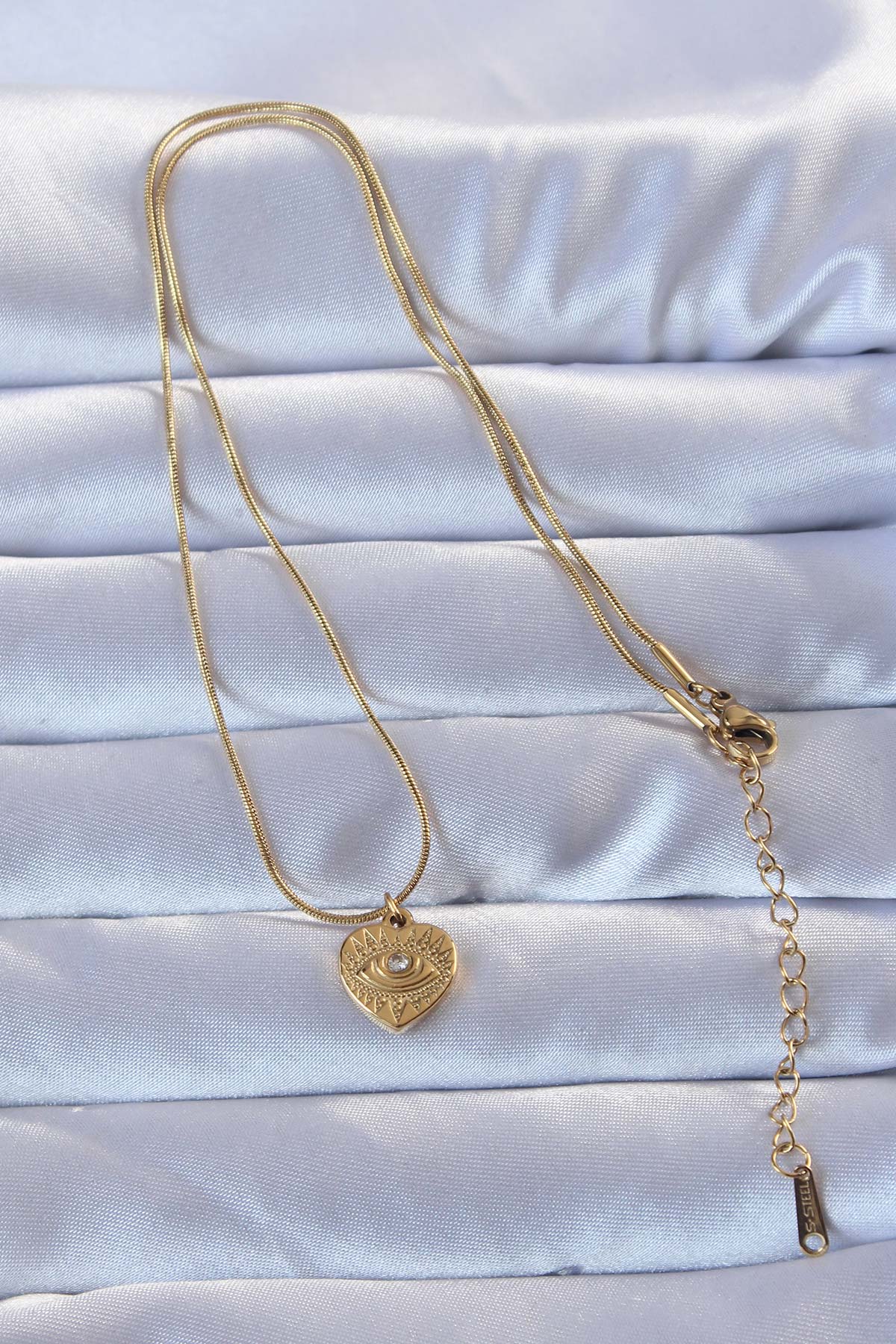 316L Gold Color Zircon Stone Embroidered Eye Detail Heart Necklace