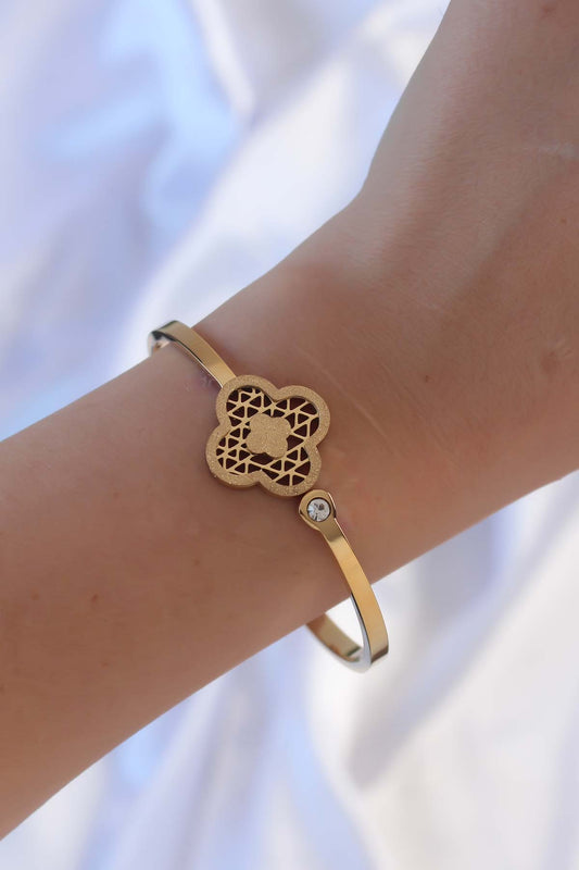 316L Steel Gold Color Zircon Stone Glittery Clover Bracelet