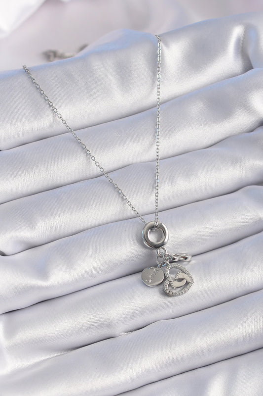316L Steel Silver Color Zircon Stone Detail Heart Model Charm Women's Necklace