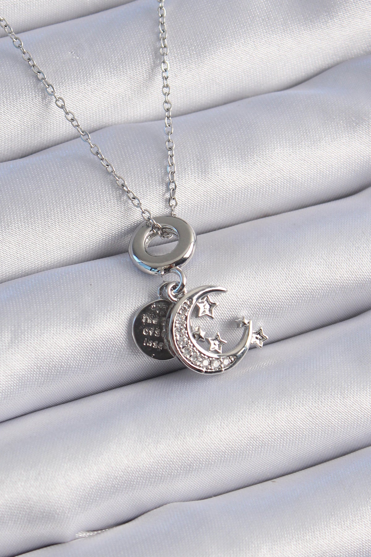 316L Çelik Gümüş Renk Zirkon Taşlı Ay Yıldız Figür Charm Model Kadın Kolye