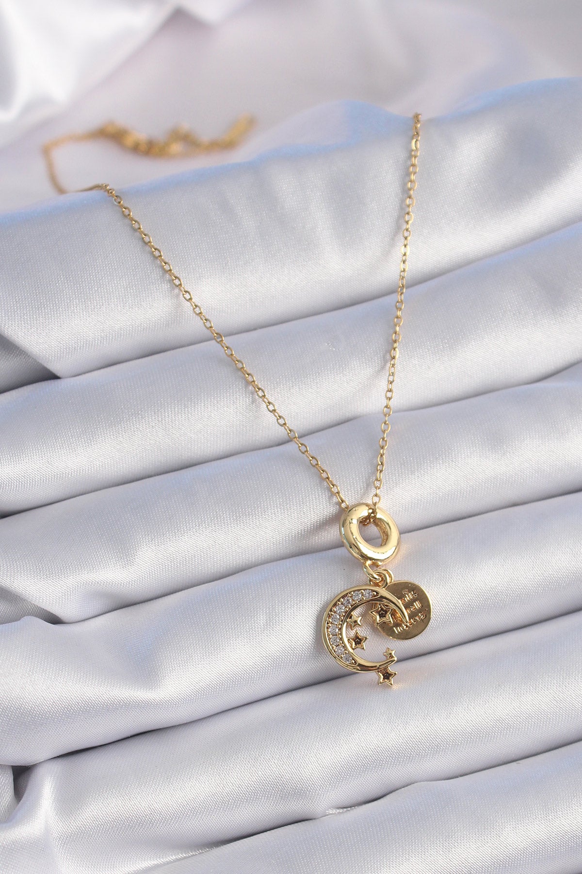 316L Çelik Gold Renk Zirkon Taşlı Ay Yıldız Model Charm Model Kadın Kolye