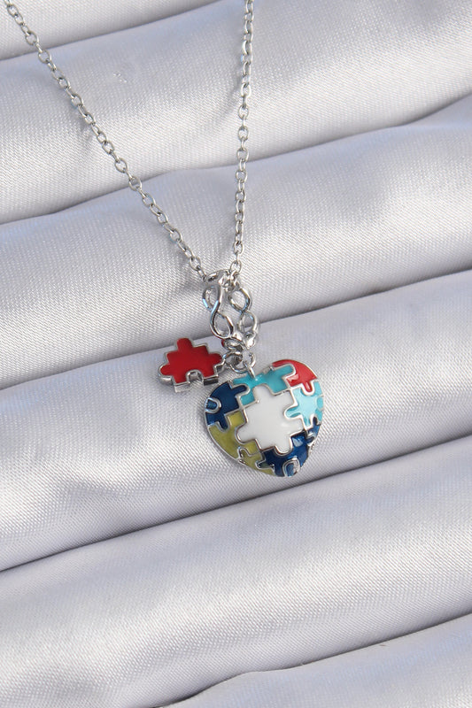316L Steel Silver Color Puzzle Motif Heart Figure Charm Model Women's Necklace