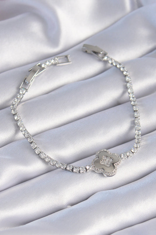 Brass Silver Color Zircon Stone Clover Model Women's Bracelet