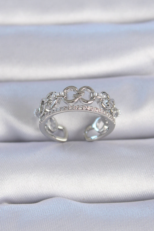 Brass Silver Color Zircon Stone Pearl Detail Women's Ring