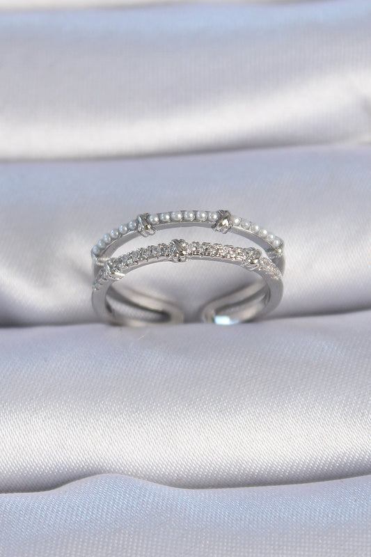 Brass Silver Color Zircon Stone Pearl Detail Women's Ring