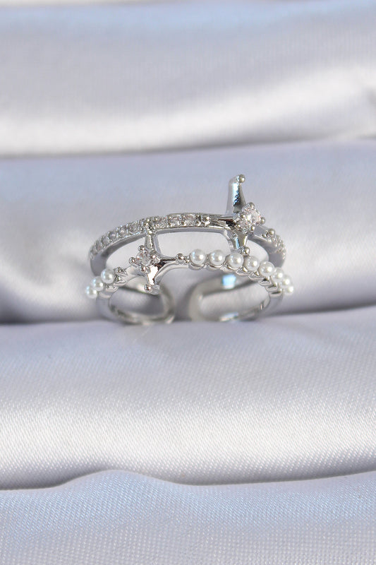 Brass Silver Color Zircon Stone Pearl Detail Pole Star Model Women's Ring