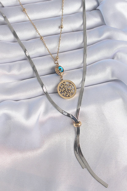 316L Çelik Mix Renk Filiz Figür Nazar Boncuk Detay Uzun Kadın Kolye