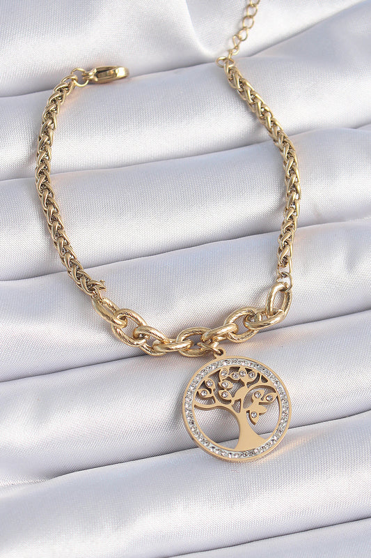 316L Steel Gold Color Zircon Stone Tree of Life Figure Women's Bracelet