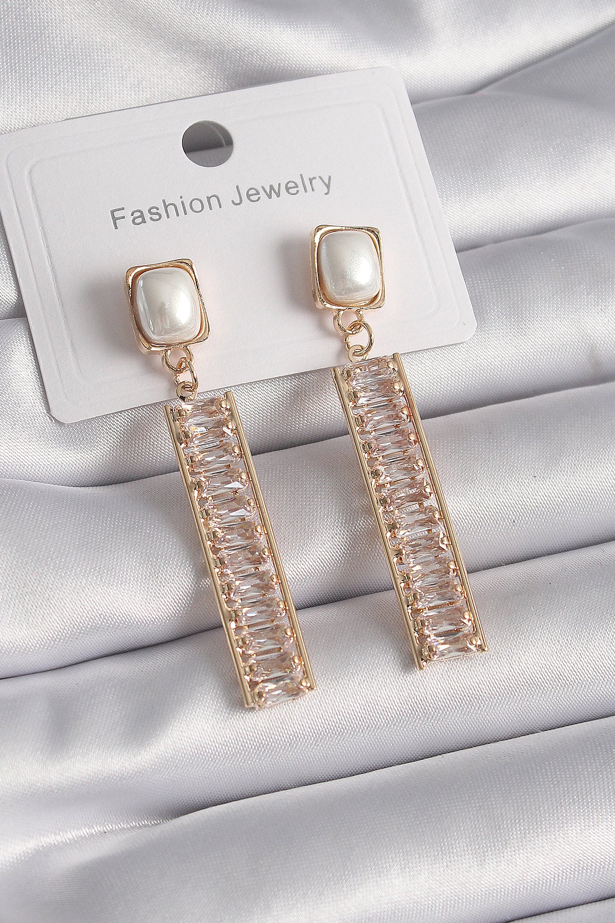 Brass Gold Color Square Pearl Zircon Stone Waterway Model Women's Earrings