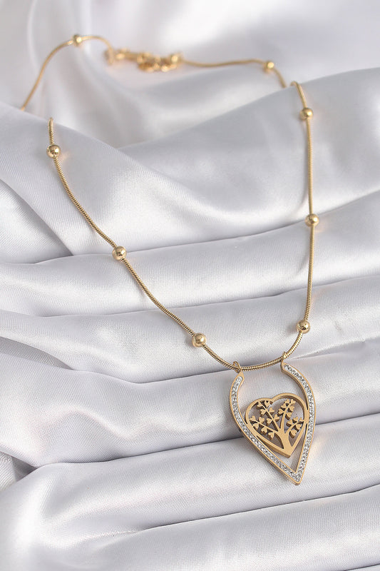 316L Steel Gold Color Zircon Stone Detailed Heart Seedling Model Women's Necklace