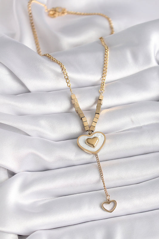 316L Steel Gold Color White Pearl Heart Model Pendant Detail Women's Necklace