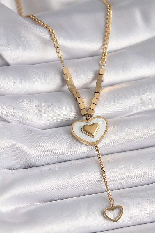 316L Steel Gold Color White Pearl Heart Model Pendant Detail Women's Necklace