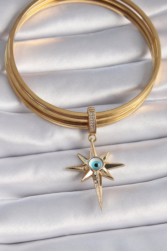 Brass Gold Color Zircon Stone Polar Star Evil Eye Bead Detail Ajda Charm