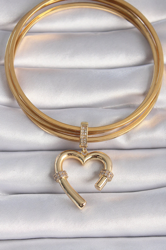 Brass Gold Color Zircon Stone Detailed Heart Figure Ajda Charm