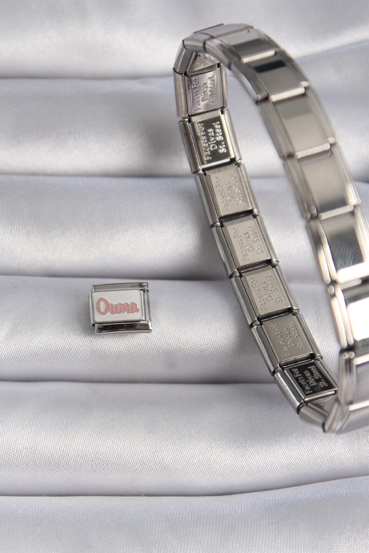 316L Steel Silver Color White Pink Ouma Embroidered Nomination Charm